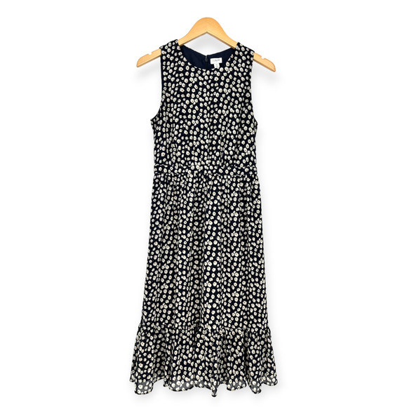 J.Crew Navy w/ White Floral Print Chiffon Sleeveless Tiered Midi Dress 4 EUC - Picture 3 of 8